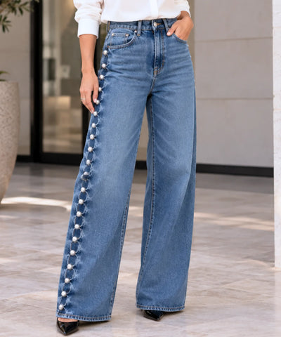 Comprar calça jeans com tachas laterais pantalona cintura alta azul claro em promoção Anellimn