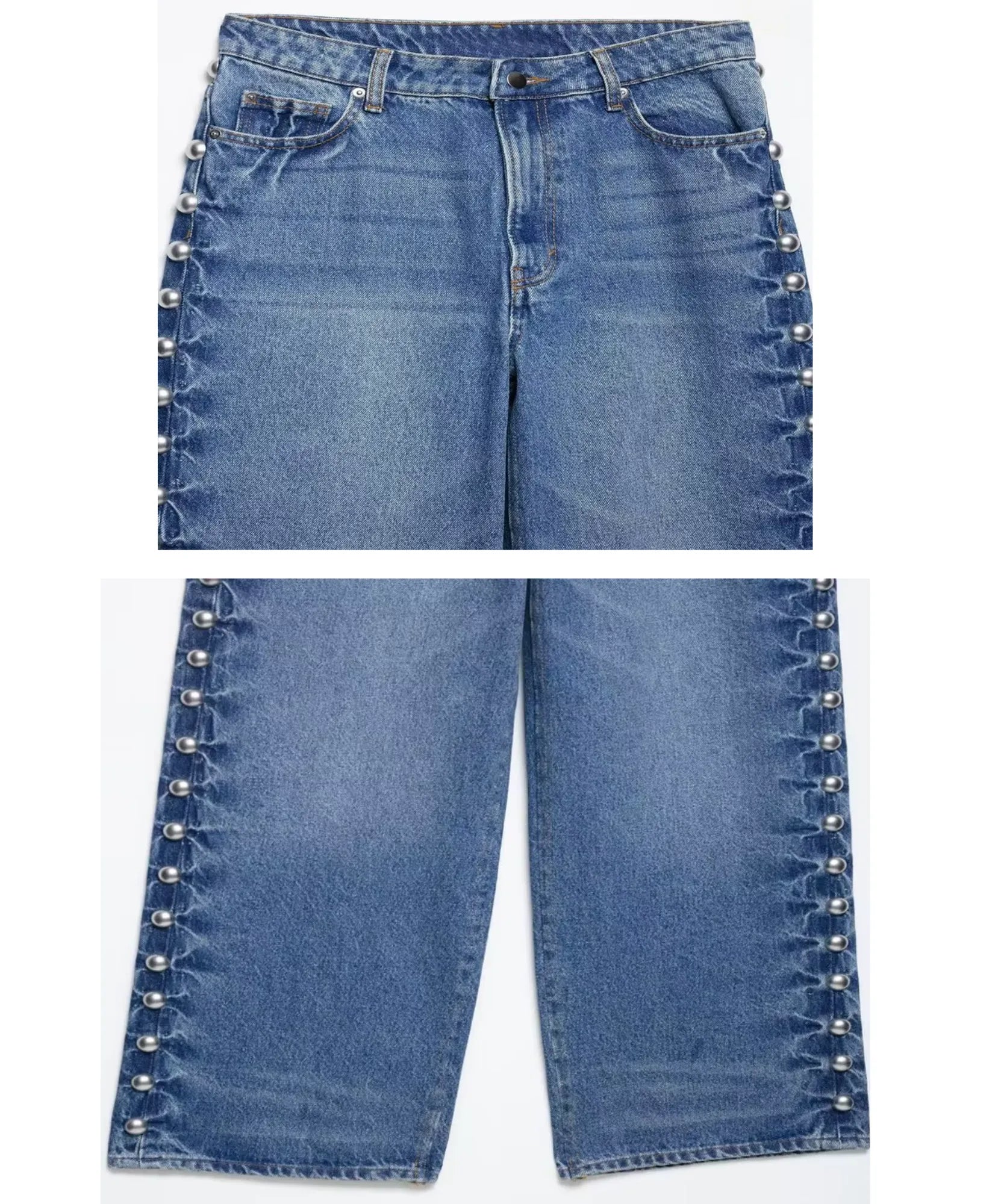 Comprar calça jeans com tachas detalhe do cós e da barra azul claro em promoção Anellimn