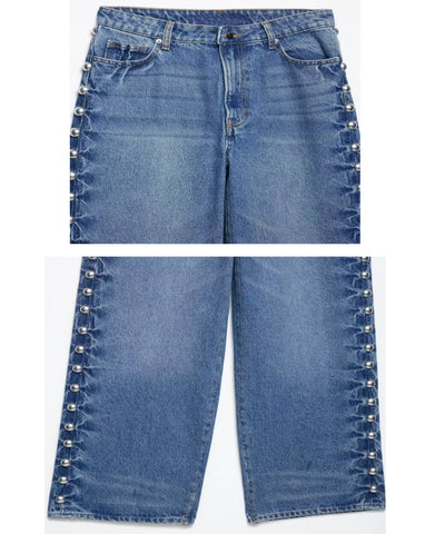 Comprar calça jeans com tachas detalhe do cós e da barra azul claro em promoção Anellimn