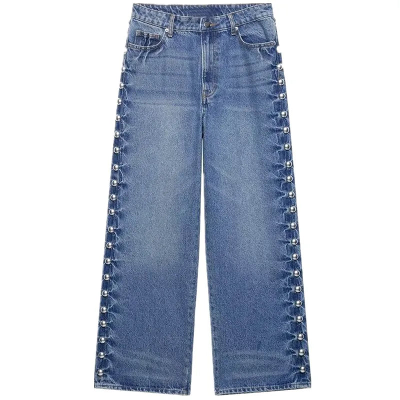 Comprar calça jeans com tachas metálicas pantalona frente azul claro em promoção Anellimn