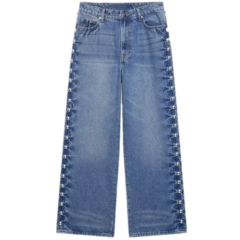 Comprar calça jeans com tachas metálicas pantalona frente azul claro em promoção Anellimn