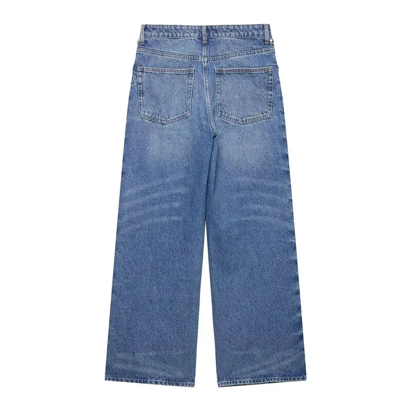 Comprar calça jeans com tachas pantalona bolsos traseiros azul claro em promoção Anellimn