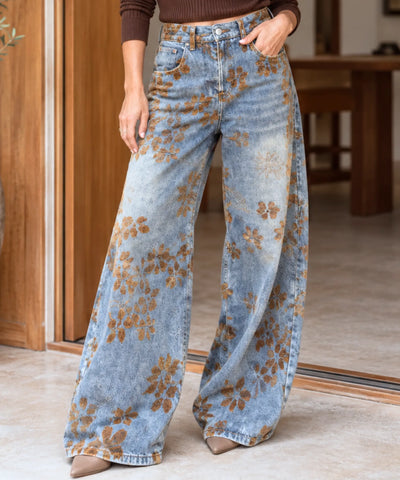Comprar calça jeans estampada floral wide leg cintura alta azul claro em promoção Anellimn