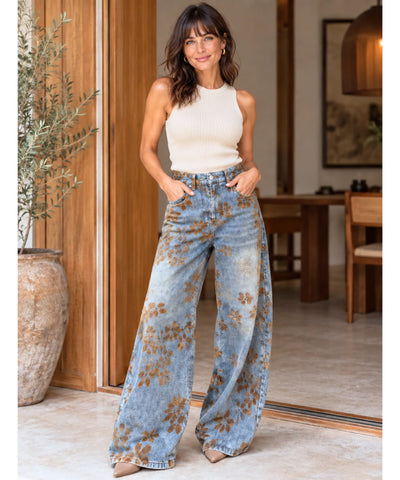 Comprar calça jeans estampada floral wide leg cintura alta azul claro em promoção Anellimn