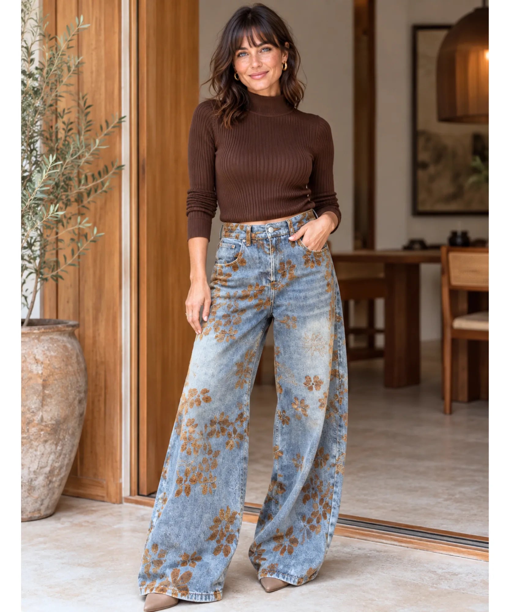 Comprar calça jeans estampada floral wide leg cintura alta azul claro em promoção Anellimn