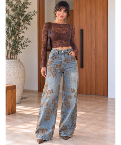 Comprar calça jeans estampada floral wide leg cintura alta azul claro em promoção Anellimn