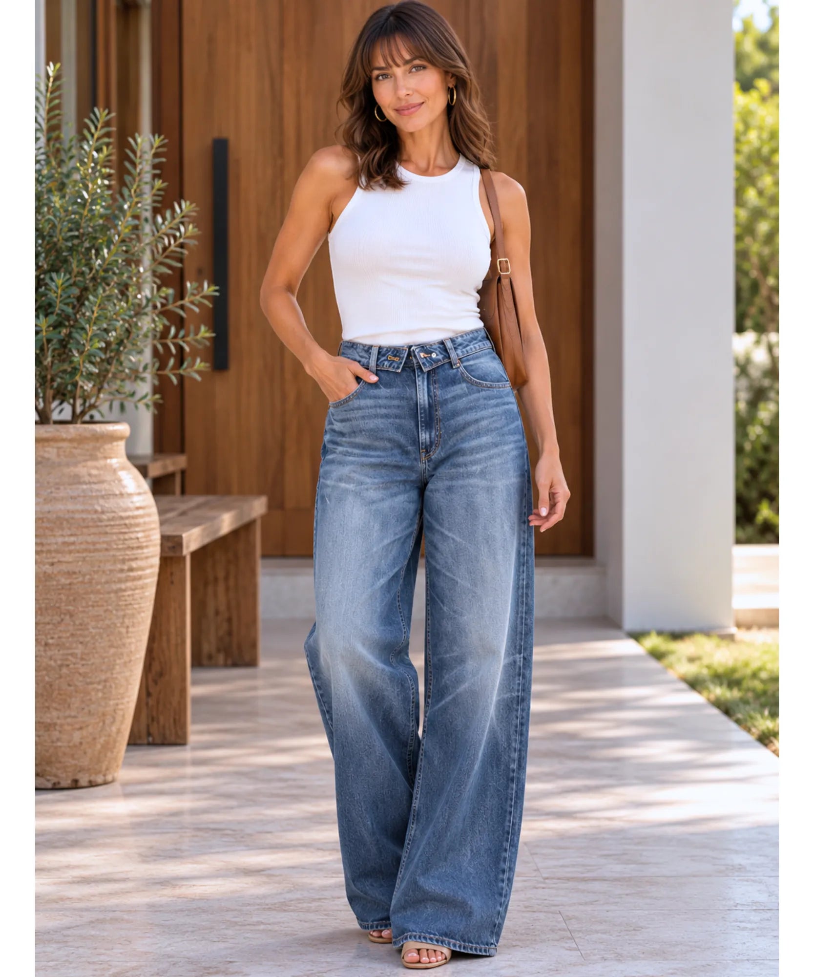 Comprar calça jeans larga feminina cós dobrado azul em promoção Anellimn