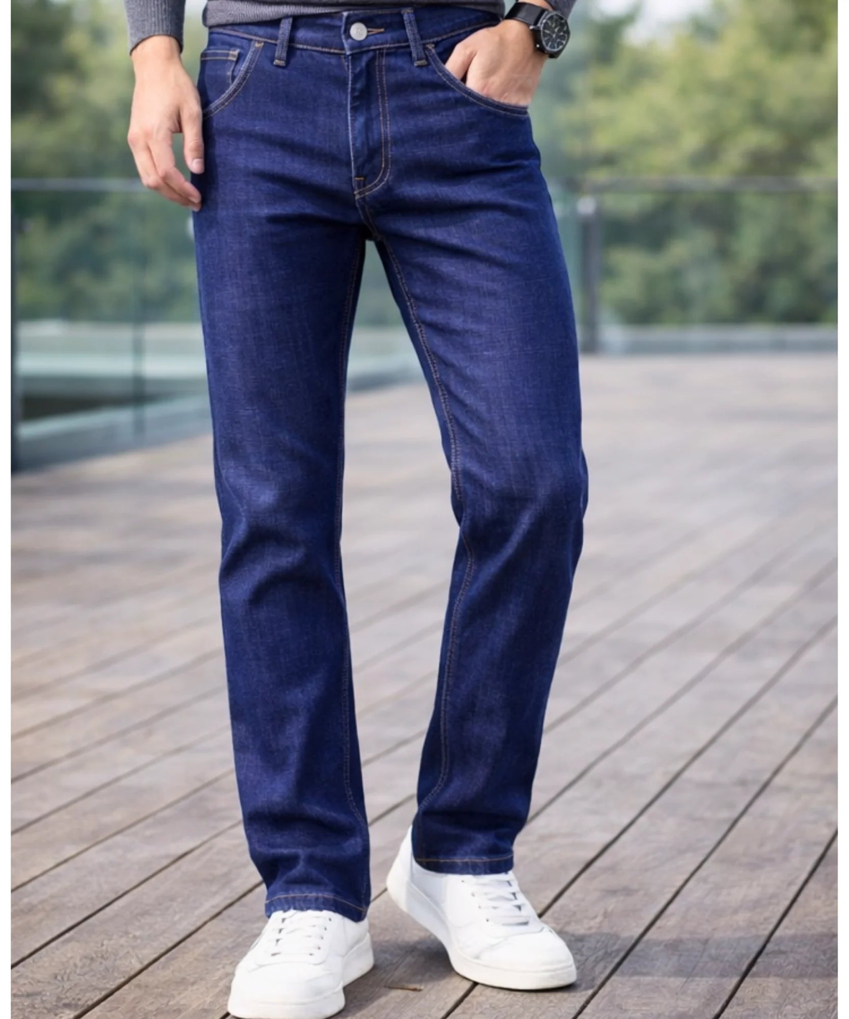  Comprar calça jeans masculina reta forro pelúcia térmica sherpa inverno em promoção ANELLIMN 