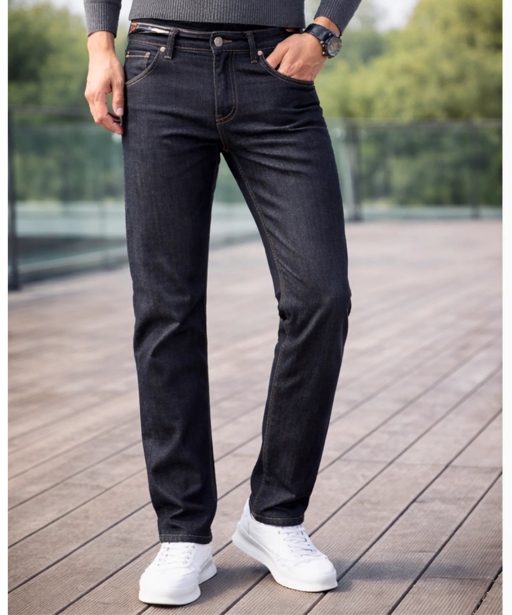  Comprar calça jeans masculina reta forro pelúcia térmica sherpa inverno em promoção ANELLIMN 