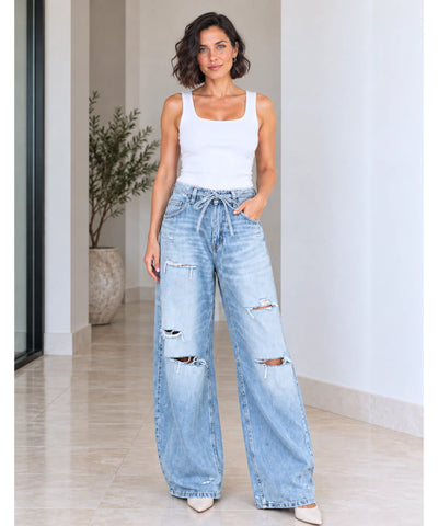 Comprar calça jeans pantalona feminina wide leg corpo inteiro azul claro em promoção Anellimn