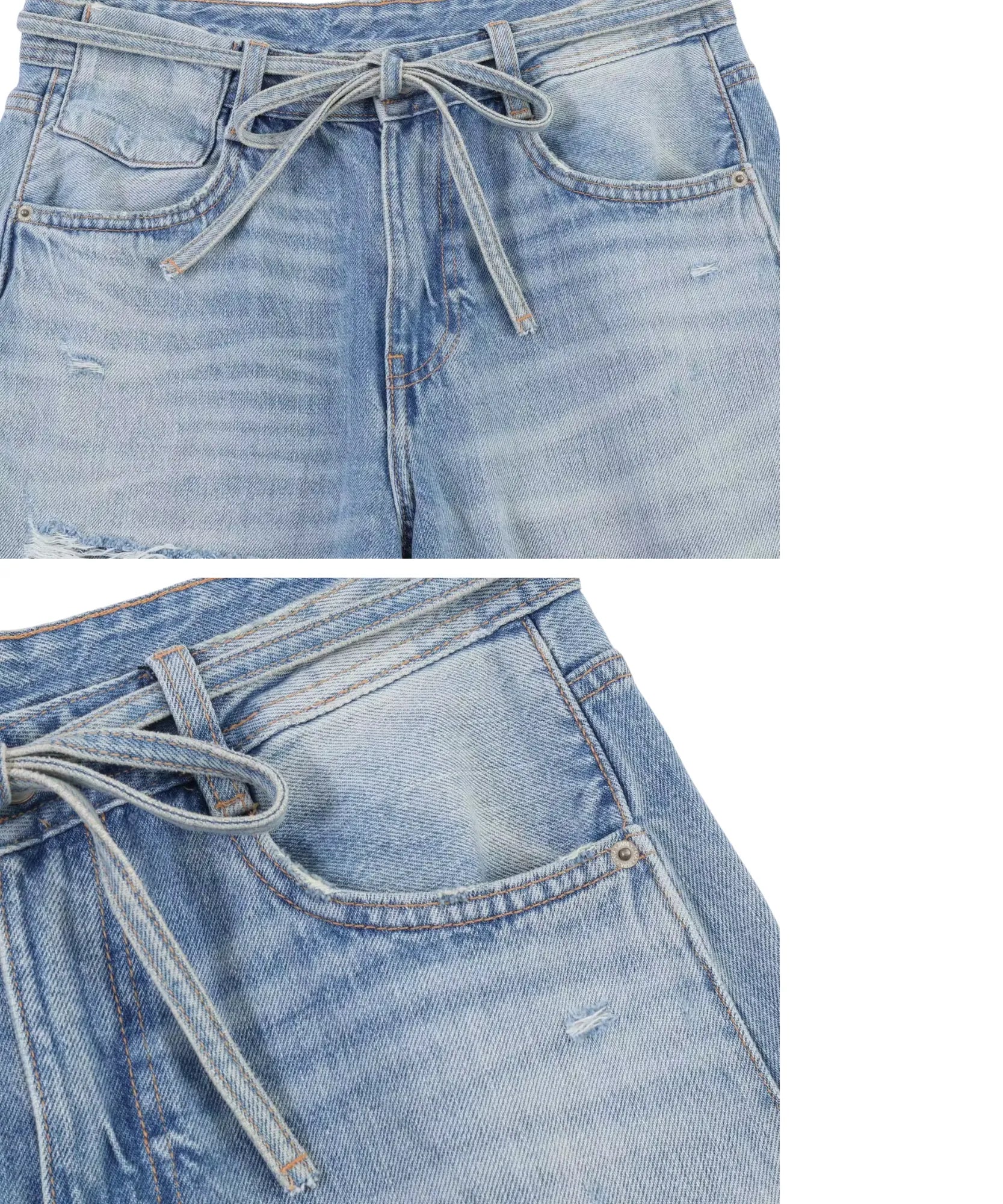 Comprar calça jeans pantalona feminina detalhe da amarração no cós azul claro em promoção Anellimn