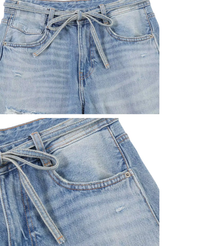Comprar calça jeans pantalona feminina detalhe da amarração no cós azul claro em promoção Anellimn