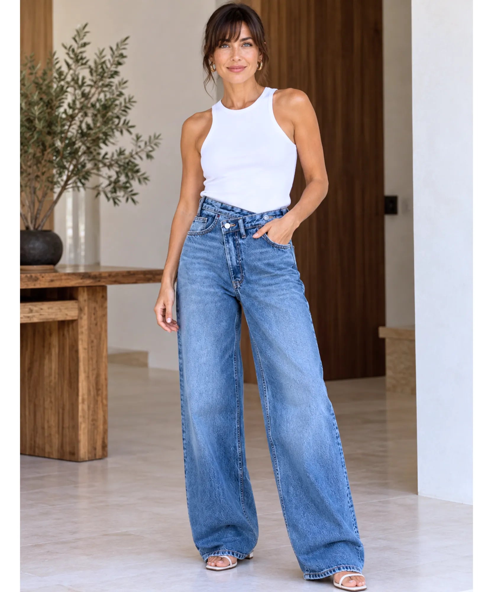 Comprar calça jeans transpassada wide leg cintura alta azul em promoção Anellimn