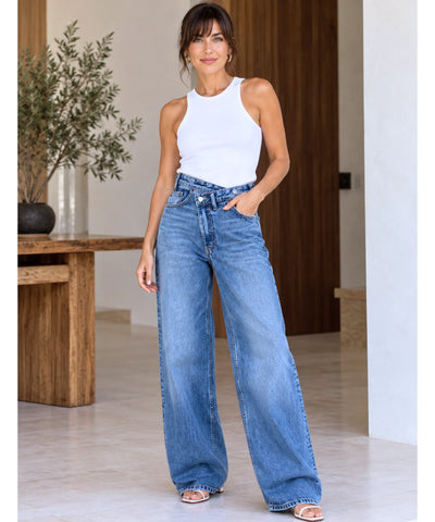 Comprar calça jeans transpassada wide leg cintura alta azul em promoção Anellimn