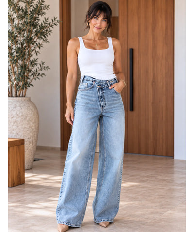 Comprar calça jeans transpassada wide leg cintura alta azul claro em promoção Anellimn