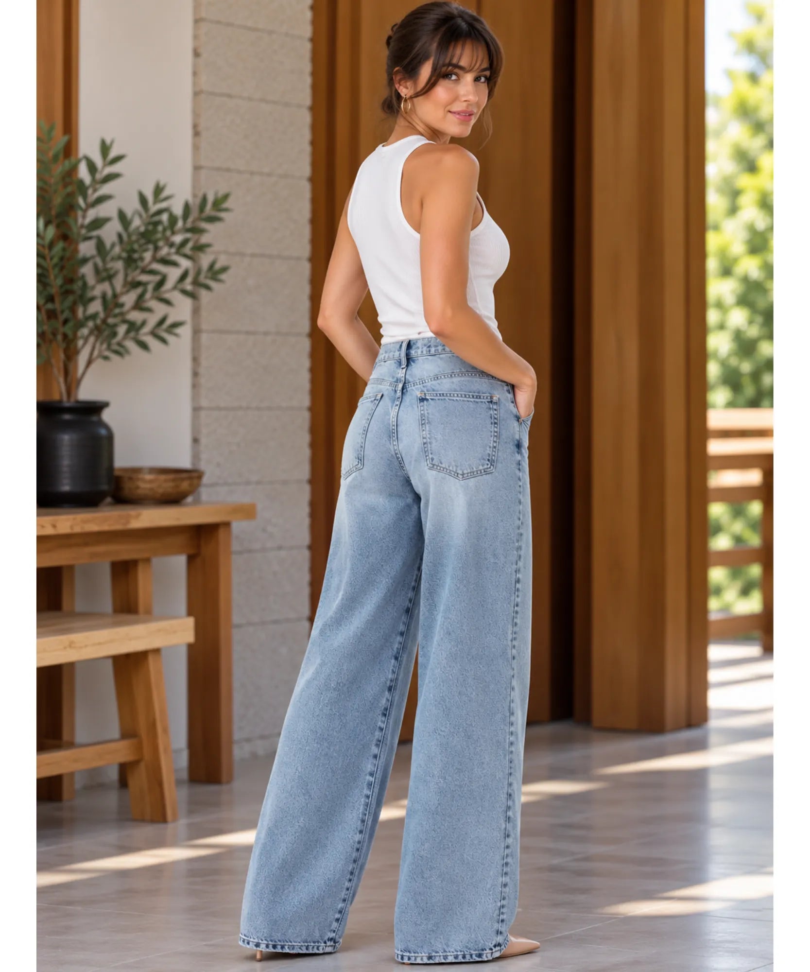 Comprar calça jeans transpassada wide leg cintura alta azul claro em promoção Anellimn