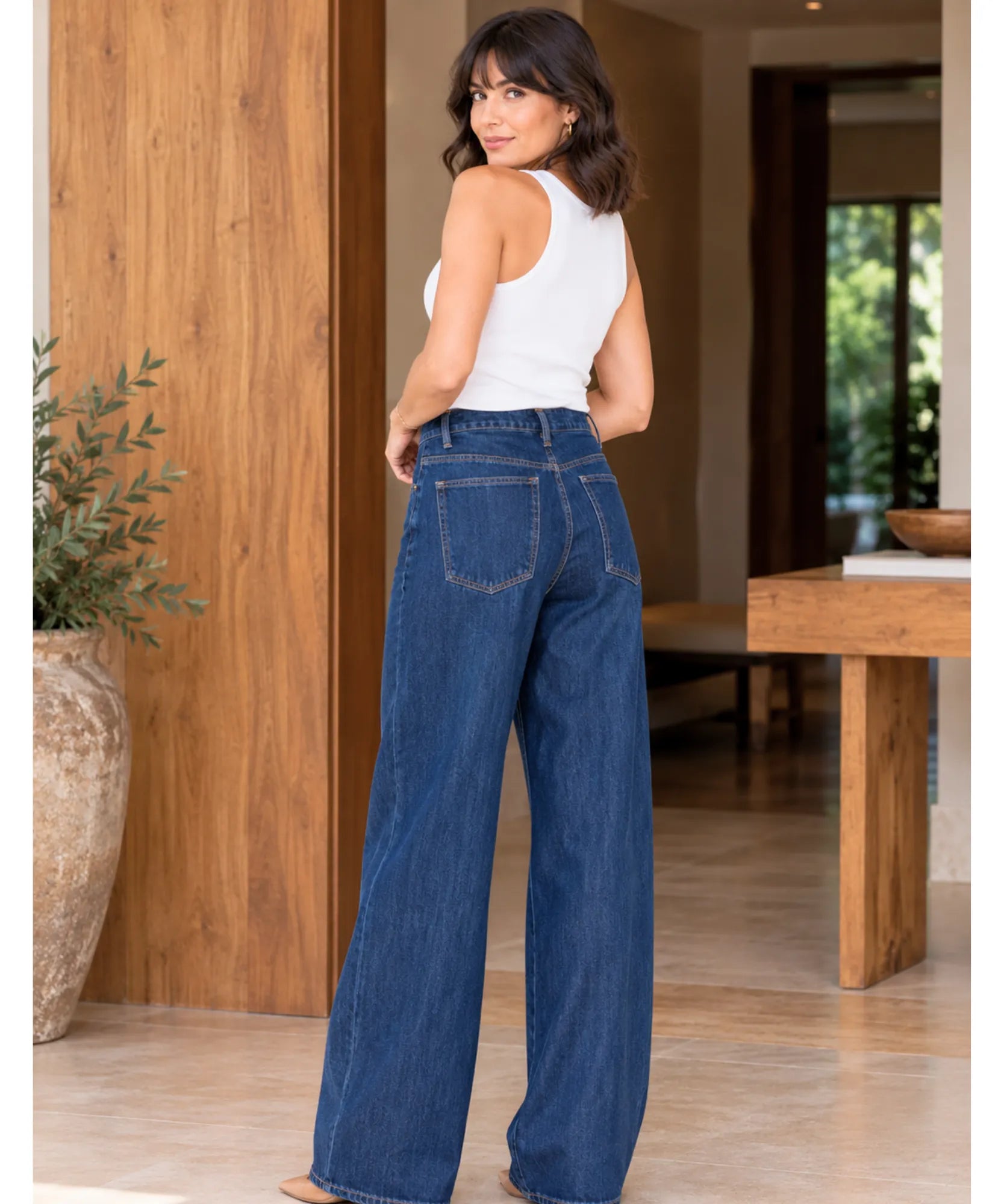 Comprar calça jeans transpassada wide leg cintura alta azul escuro em promoção Anellimn