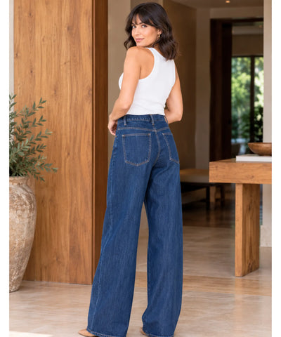 Comprar calça jeans transpassada wide leg cintura alta azul escuro em promoção Anellimn
