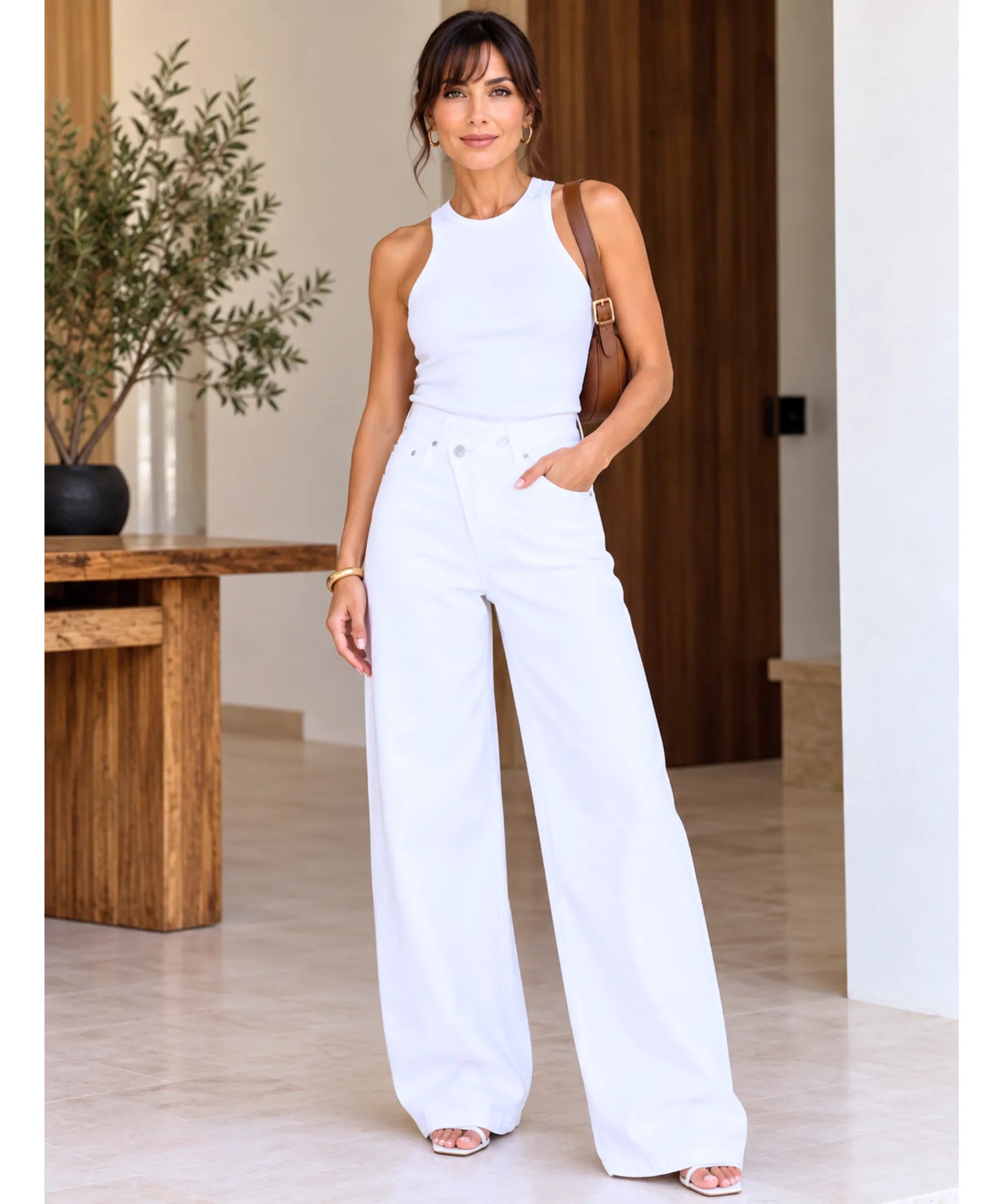 Comprar calça jeans transpassada wide leg cintura alta branca em promoção Anellimn