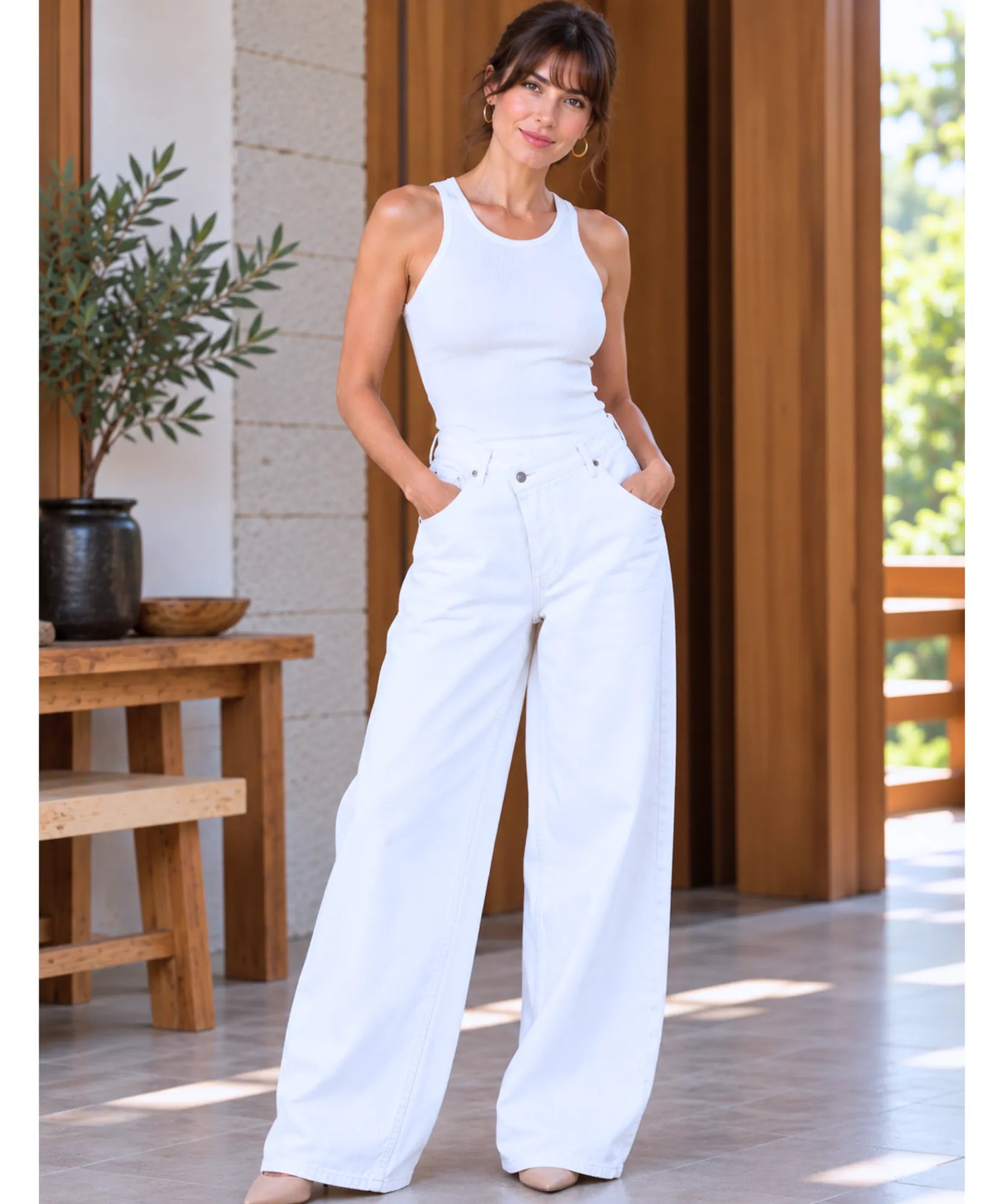 Comprar calça jeans transpassada wide leg cintura alta branca em promoção Anellimn