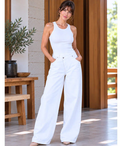 Comprar calça jeans transpassada wide leg cintura alta branca em promoção Anellimn