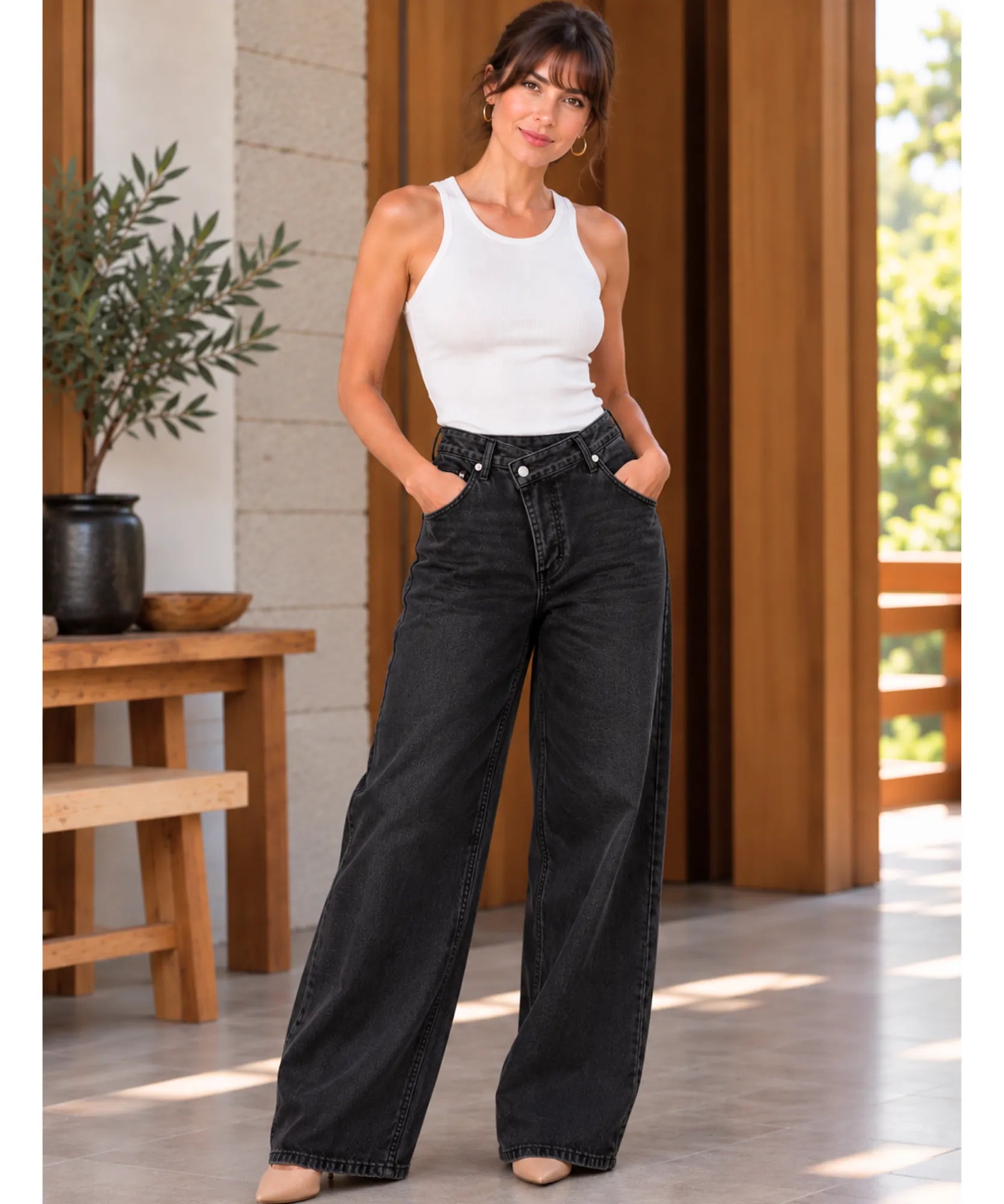 Comprar calça jeans transpassada wide leg cintura alta preta em promoção Anellimn