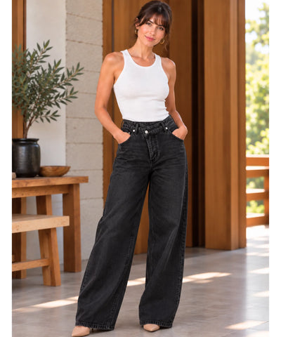 Comprar calça jeans transpassada wide leg cintura alta preta em promoção Anellimn