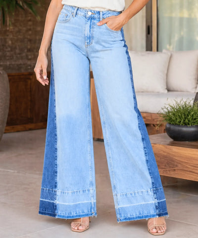 Comprar calça jeans wide leg feminina bicolor lavagem estonada barra franja crua barata ou em promoção