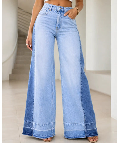 Comprar calça jeans wide leg feminina bicolor lavagem estonada barra franja crua barata ou em promoção