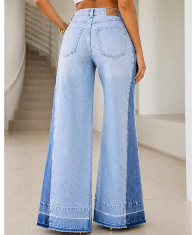 Comprar calça jeans wide leg feminina bicolor lavagem estonada barra franja crua barata ou em promoção