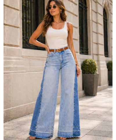 Comprar calça jeans wide leg feminina bicolor lavagem estonada barra franja crua barata ou em promoção