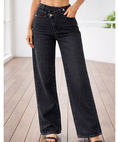 Comprar calça jeans wide leg feminina cós assimétrico transpassado lavagem estonada em promoção ZARA
