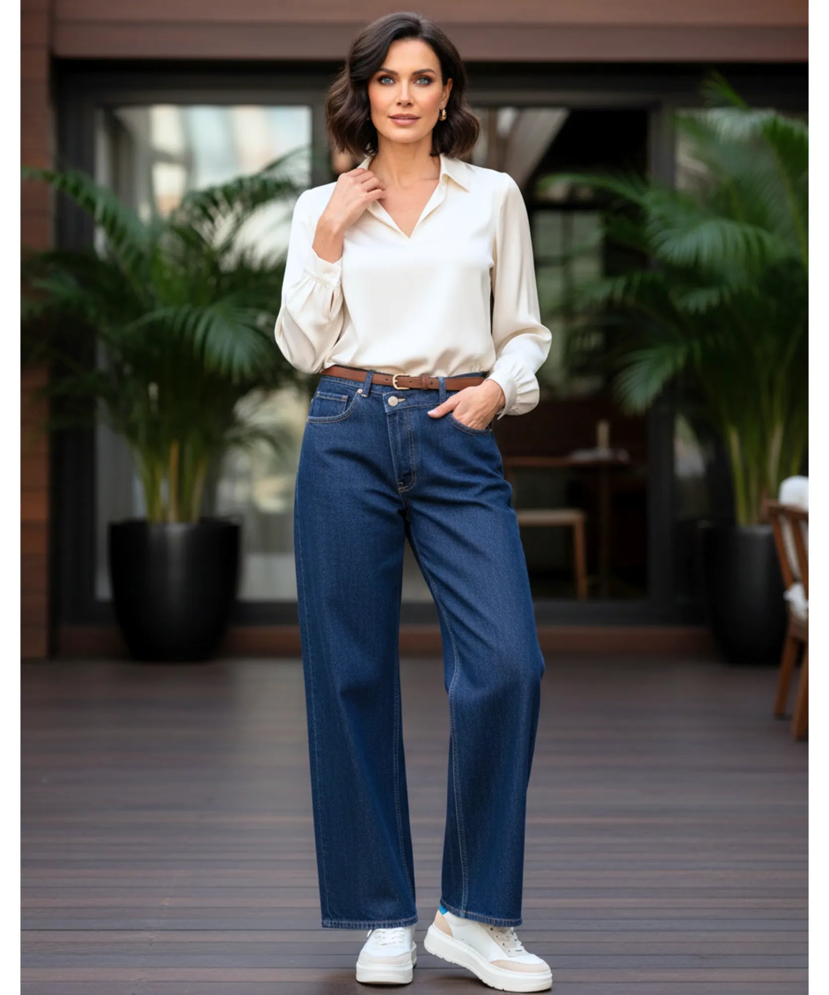 Comprar calça jeans wide leg feminina cós assimétrico transpassado lavagem estonada em promoção ZARA