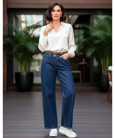 Comprar calça jeans wide leg feminina cós assimétrico transpassado lavagem estonada em promoção ZARA