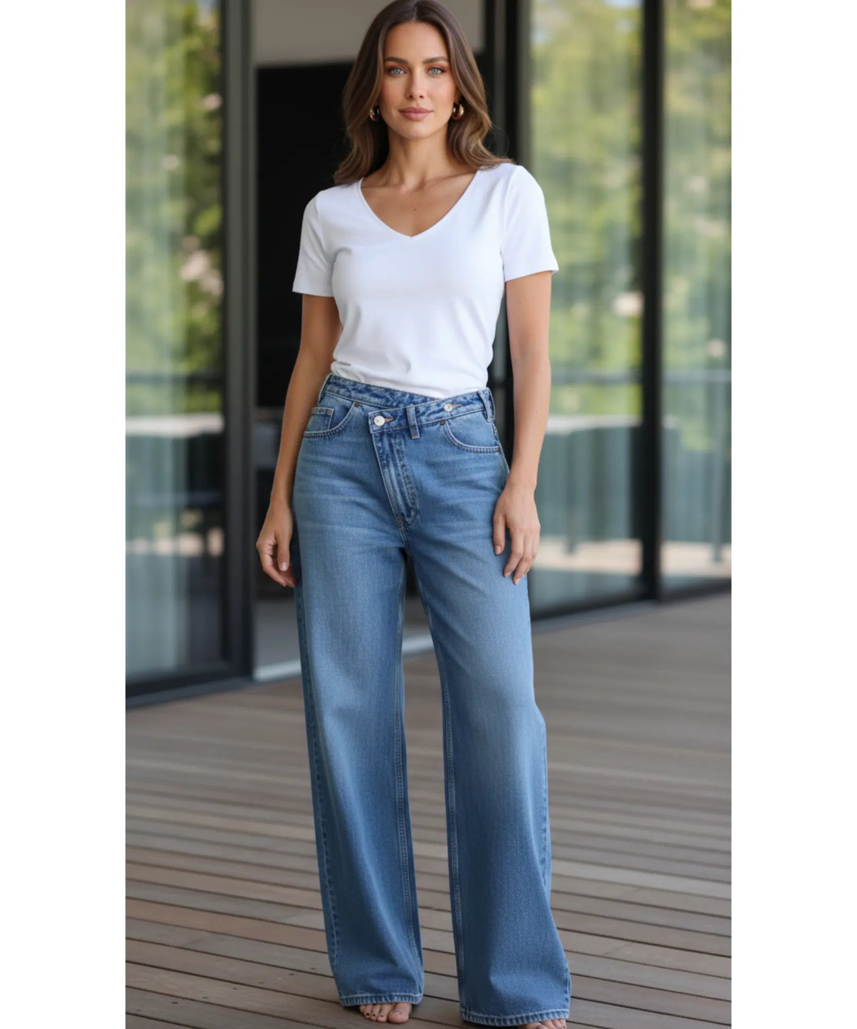 Comprar calça jeans wide leg feminina cós assimétrico transpassado lavagem estonada em promoção ZARA