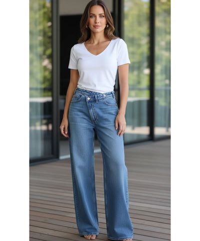 Comprar calça jeans wide leg feminina cós assimétrico transpassado lavagem estonada em promoção ZARA