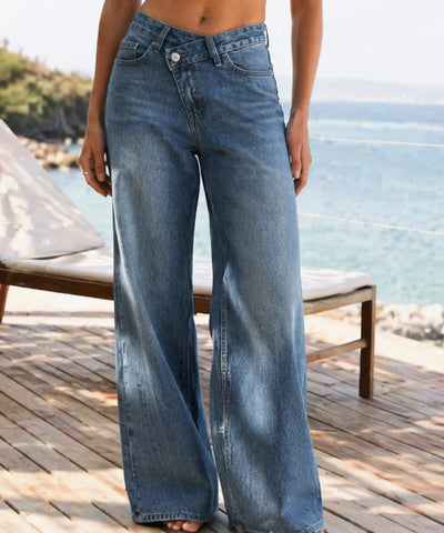 Comprar calça jeans wide leg feminina cós assimétrico transpassado lavagem estonada em promoção ZARA