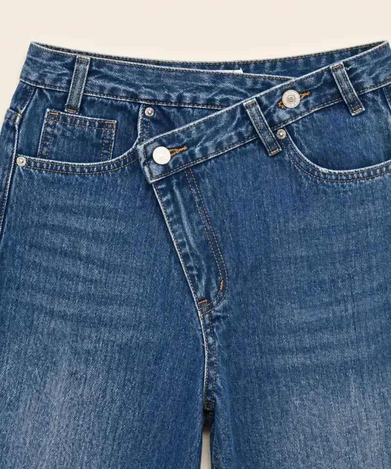 Comprar calça jeans wide leg feminina cós assimétrico transpassado lavagem estonada em promoção ZARA
