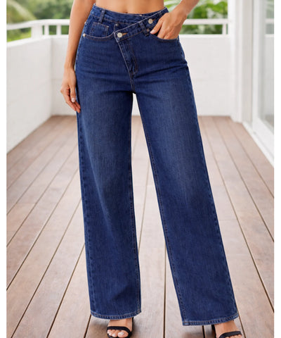 Comprar calça jeans wide leg feminina cós assimétrico transpassado lavagem estonada em promoção ZARA
