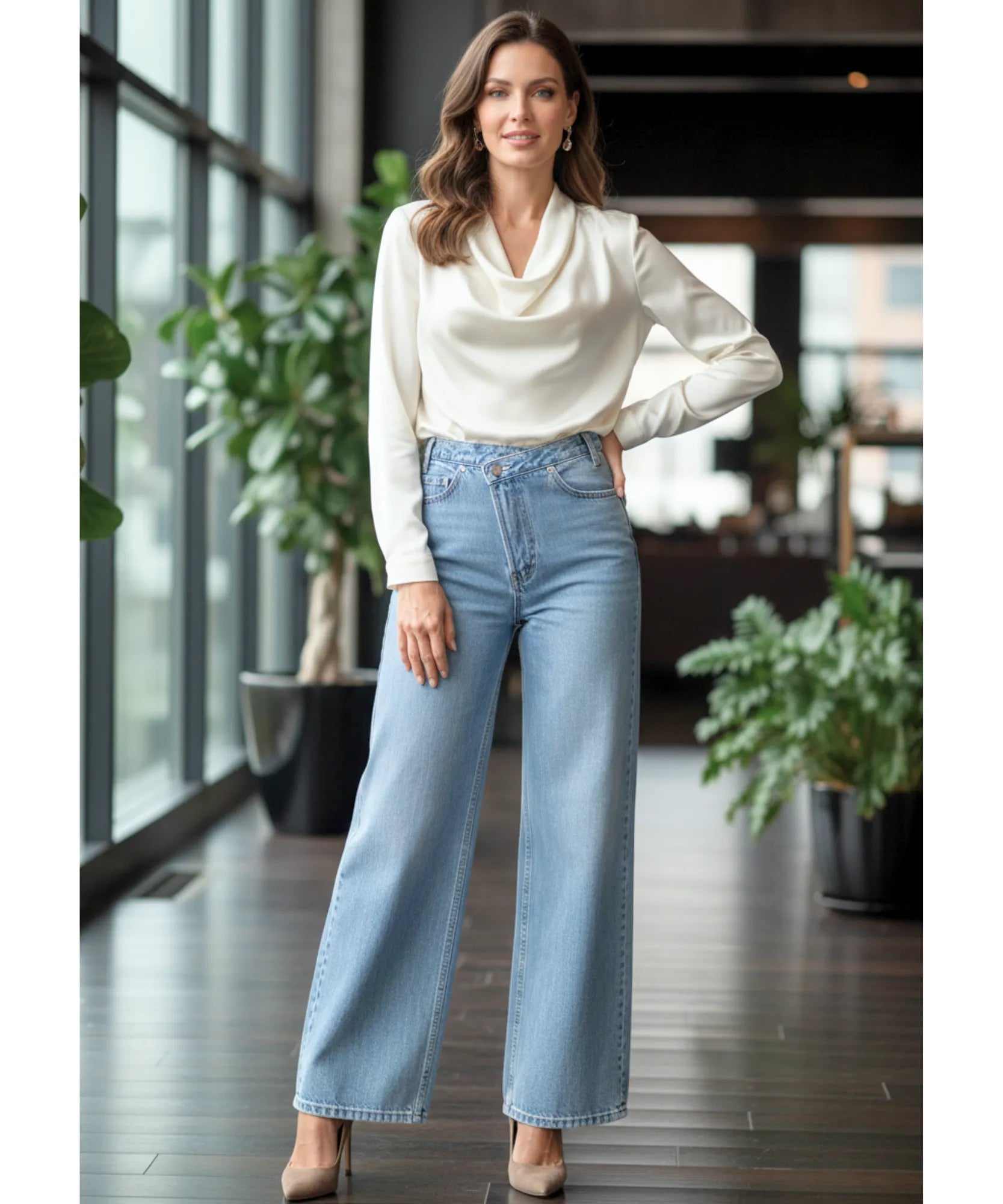 Comprar calça jeans wide leg feminina cós assimétrico transpassado lavagem estonada em promoção ZARA