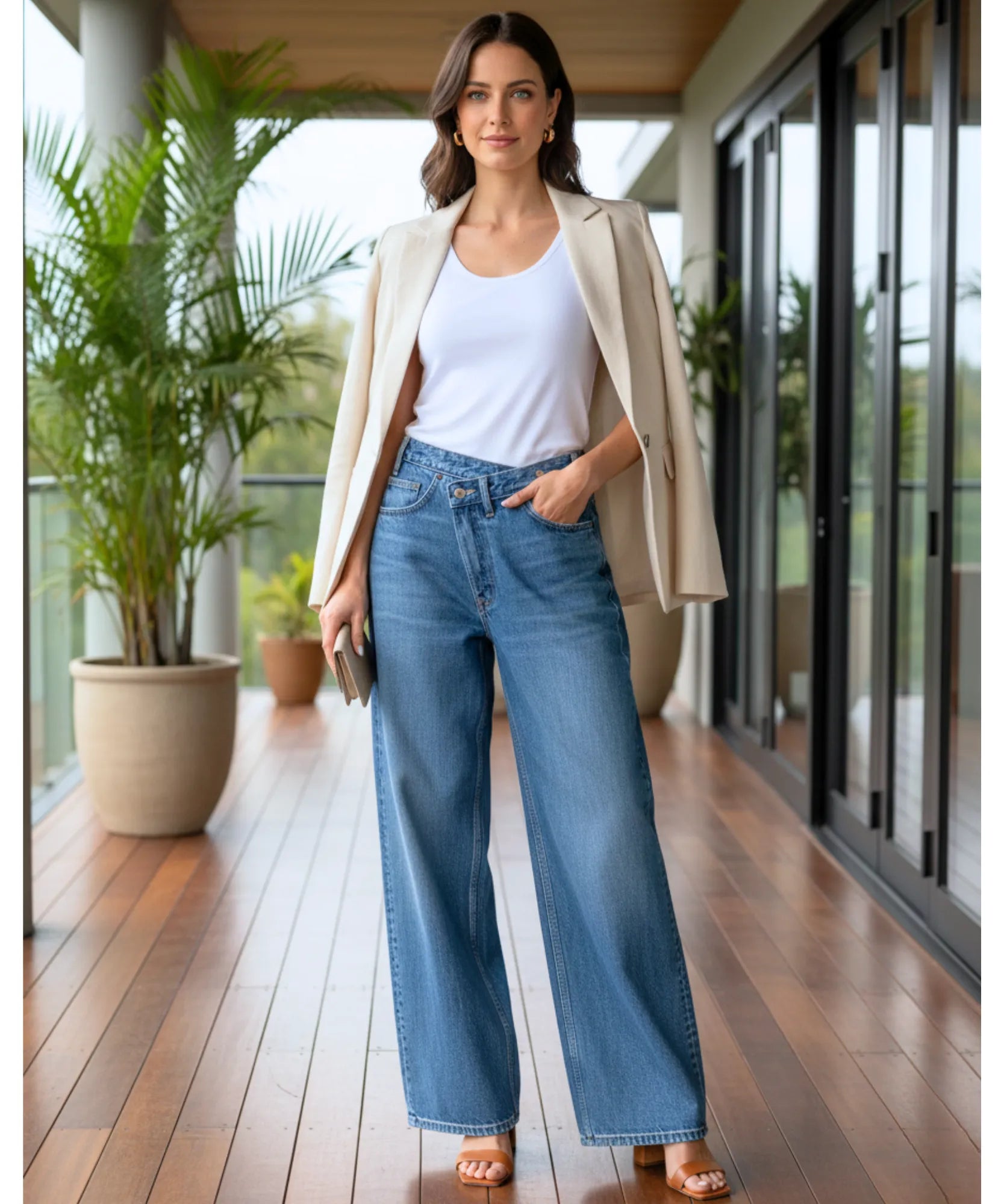 Comprar calça jeans wide leg feminina cós assimétrico transpassado lavagem estonada em promoção ZARA