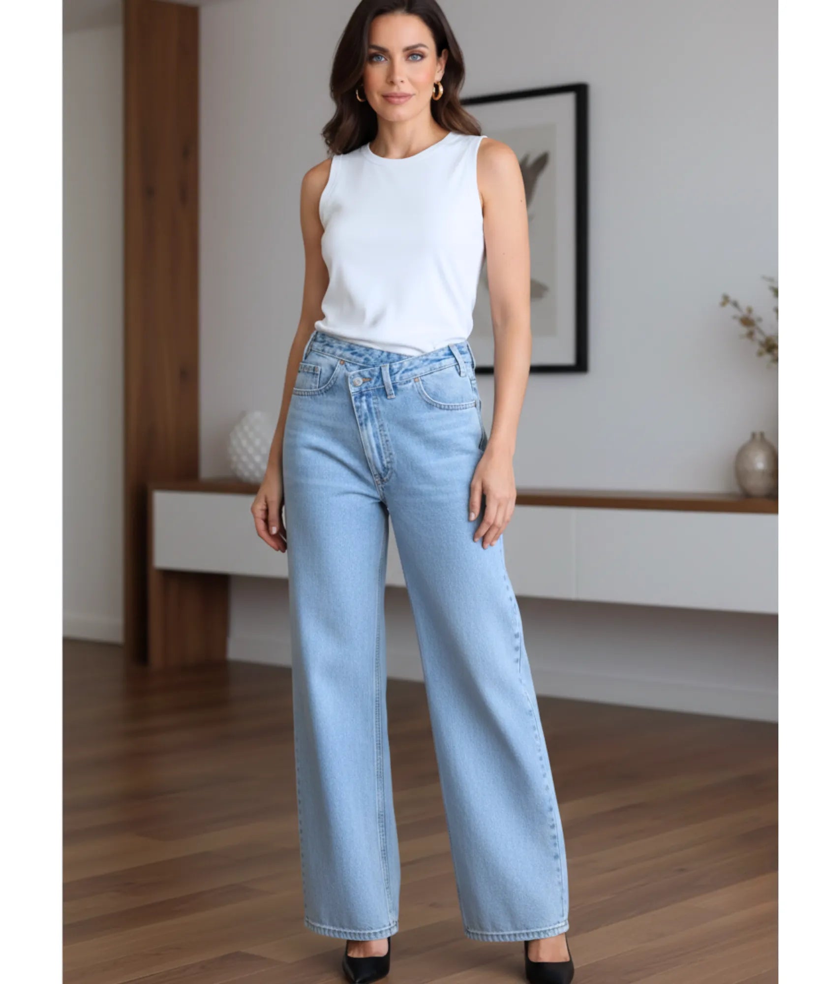 Comprar calça jeans wide leg feminina cós assimétrico transpassado lavagem estonada em promoção ZARA