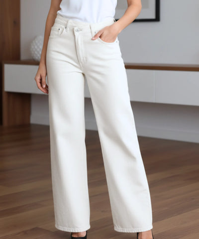 Comprar calça jeans wide leg feminina cós assimétrico transpassado lavagem estonada em promoção ZARA