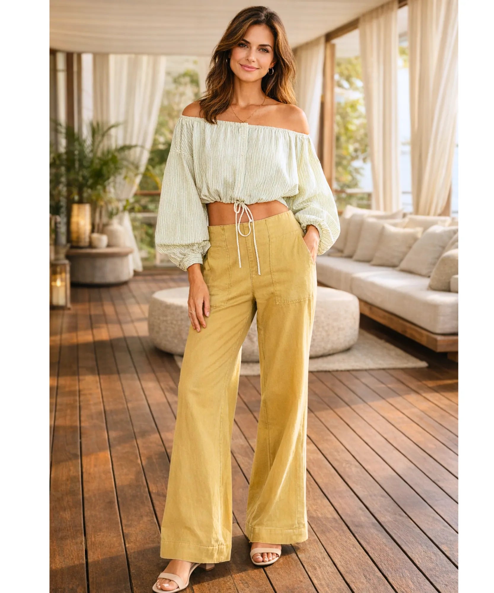 Comprar calça jeans wide leg feminina cós elástico sem botão bolso frontal em promoção ZARA