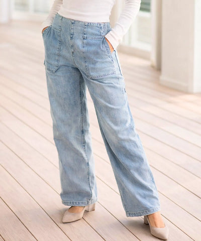 Comprar calça jeans wide leg feminina cós elástico sem botão bolso frontal em promoção ZARA