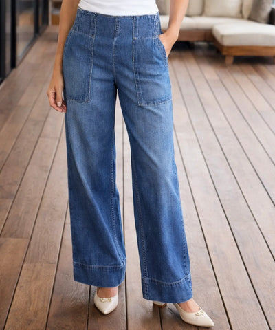 Comprar calça jeans wide leg feminina cós elástico sem botão bolso frontal em promoção ZARA