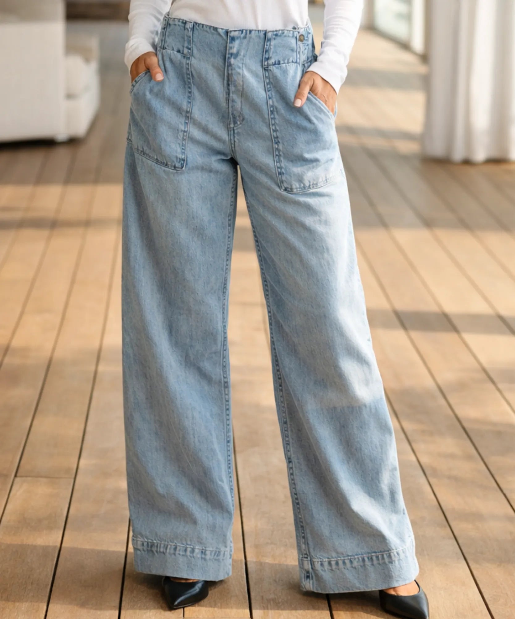 Comprar calça jeans wide leg feminina cós elástico sem botão bolso frontal em promoção ZARA