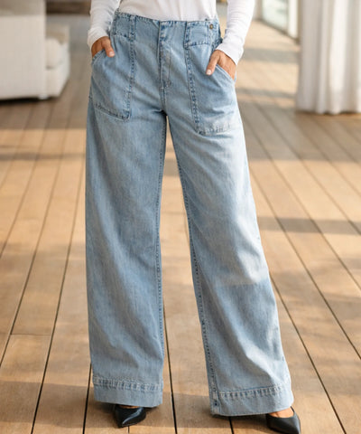 Comprar calça jeans wide leg feminina cós elástico sem botão bolso frontal em promoção ZARA