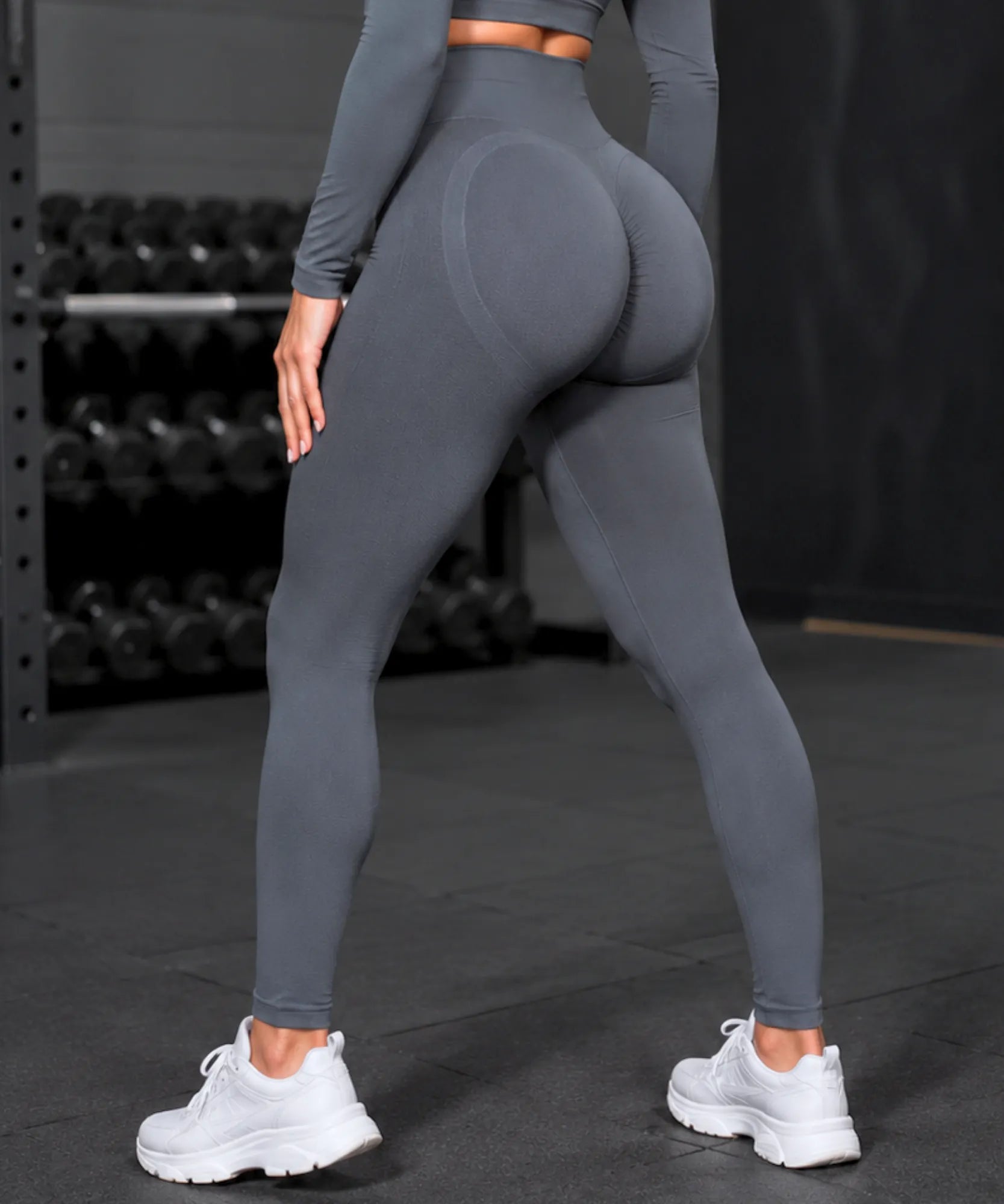 Comprar calça legging canelada cintura alta com enrugado no bumbum fitness barato em promoção ANELLIMN
