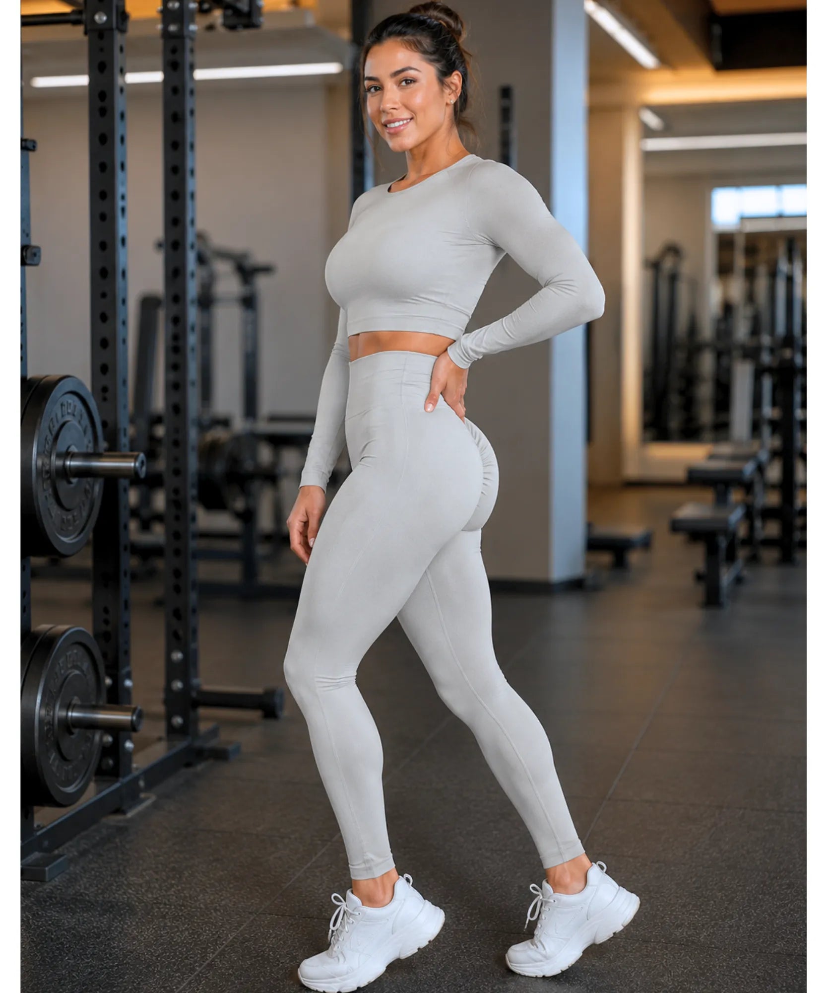 Comprar calça legging canelada cintura alta com enrugado no bumbum fitness barato em promoção ANELLIMN